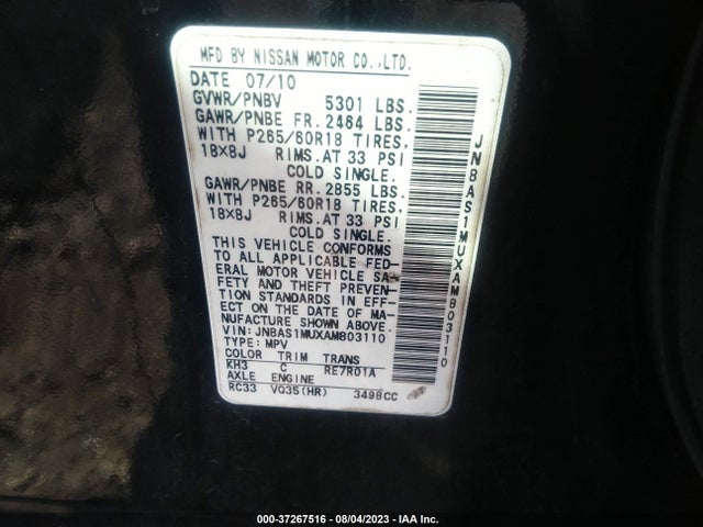 2010 INFINITI FX35 VIN: JN8AS1MUXAM803110