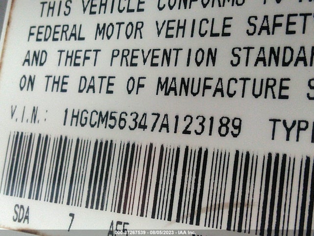 2007 HONDA ACCORD SDN LX SE VIN: 1HGCM56347A123189