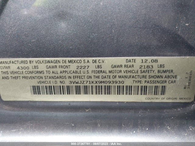 2009 VOLKSWAGEN JETTA SEDAN S VIN: 3VWJZ71KX9M093930