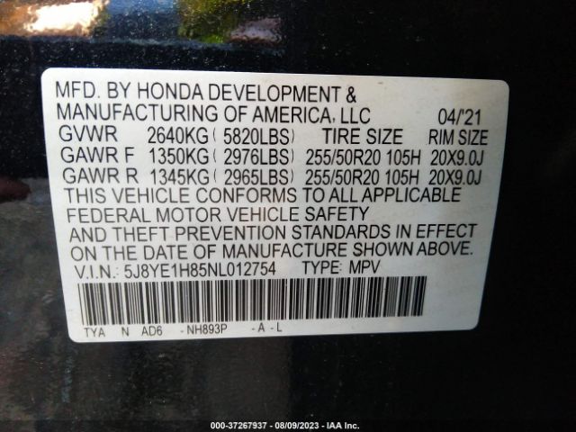 5J8YE1H85NL012754 Acura Mdx W/advance Package