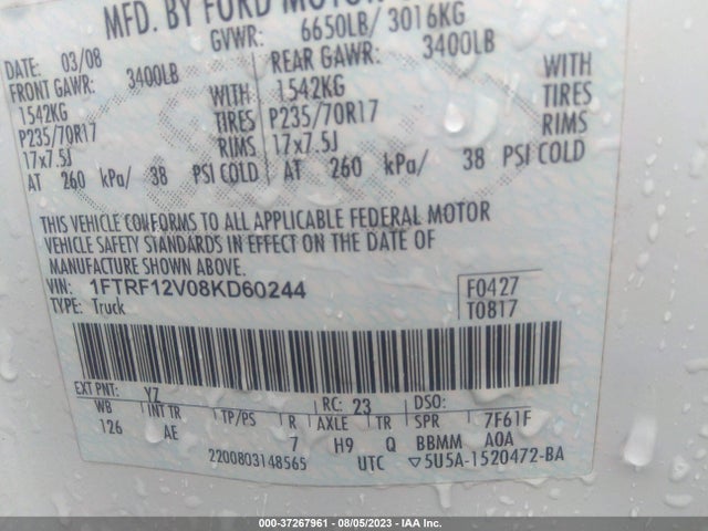 2008 FORD F-150 XL/STX/XLT/FX2 VIN: 1FTRF12V08KD60244