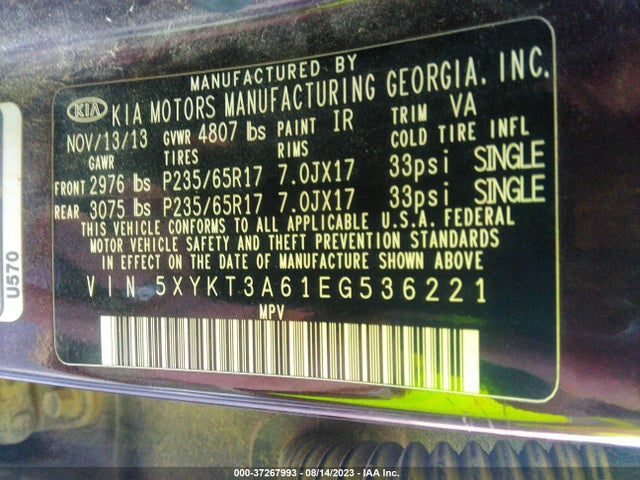 KIA SORENTO LX 2014 5XYKT3A61EG536221 Image 9