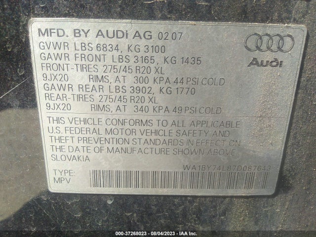 2007 AUDI Q7 PREMIUM VIN: WA1BY74L87D087643