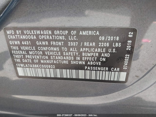 1VWLA7A38KC000922 Volkswagen Passat 2.0t Wolfsburg Edition
