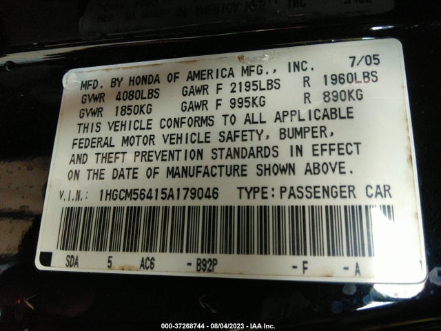 2005 HONDA ACCORD SDN LX VIN: 1HGCM56415A179046