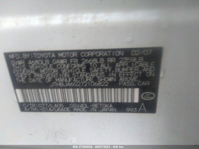 37268838 :رقم المزاد ، JTHBJ46G272106822 vin ، 2007 Lexus Es 350 مزاد بيع