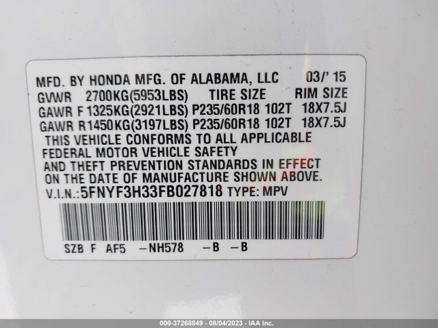 Honda PILOT SE 2015 5FNYF3H33FB027818 Image 16