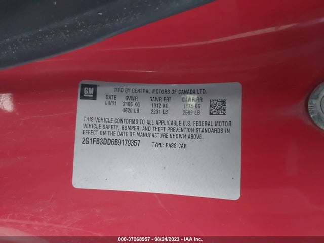2011 CHEVROLET CAMARO 1LT VIN: 2G1FB3DD6B9179357