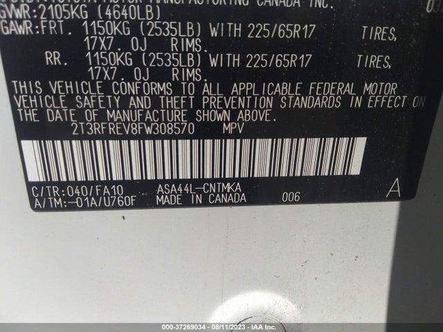 2015 TOYOTA RAV4 XLE VIN: 2T3RFREV8FW308570