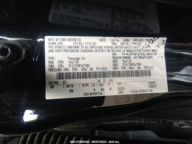 2016 FORD FOCUS SE VIN: 1FADP3F23GL389738