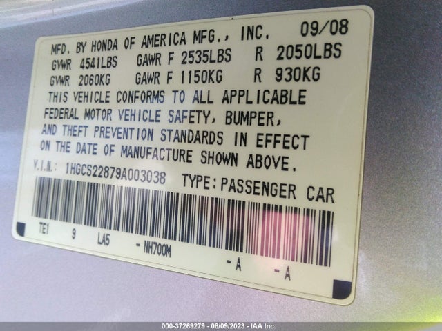 2009 HONDA ACCORD CPE EX-L VIN: 1HGCS22879A003038