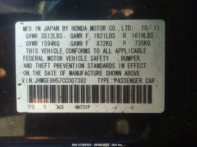 2012 HONDA FIT SPORT VIN: JHMGE8H57CC007382