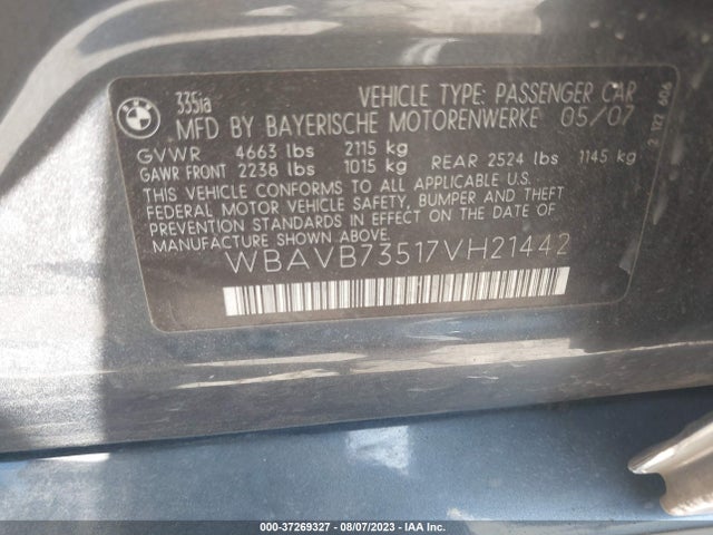 2007 BMW 3 SERIES 335I VIN: WBAVB73517VH21442