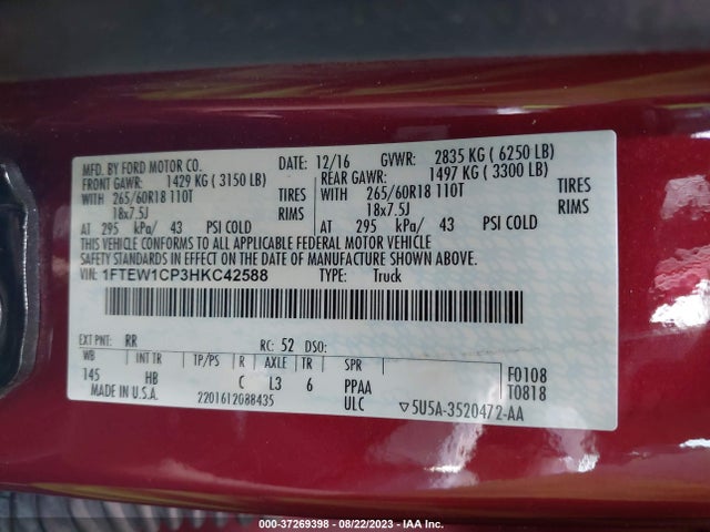 2017 FORD F-150 LARIAT VIN: 1FTEW1CP3HKC42588