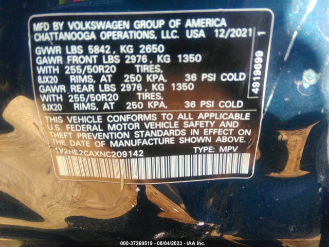 1V2HE2CAXNC209142 Volkswagen Atlas Cross Sport 3.6l V6 Se W/technology