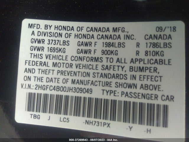 Honda Civic Coupe Lx-p 2018 2HGFC4B00JH309049 Image 9