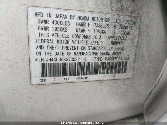 2007 ACURA TSX VIN: JH4CL96837C022118