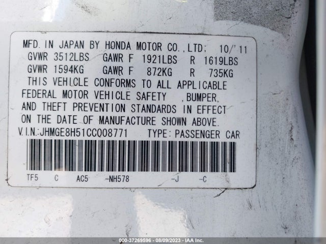 2012 HONDA FIT SPORT VIN: JHMGE8H51CC008771