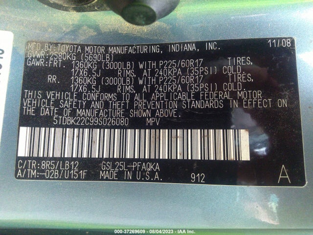 2009 TOYOTA SIENNA XLE VIN: 5TDBK22C99S026080