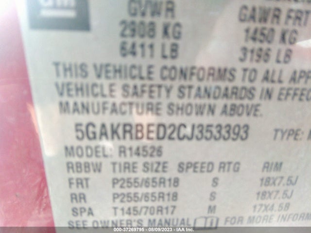 2012 BUICK ENCLAVE CONVENIENCE VIN: 5GAKRBED2CJ353393