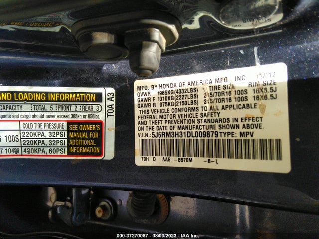 2013 HONDA CR-V LX VIN: 5J6RM3H31DL009879