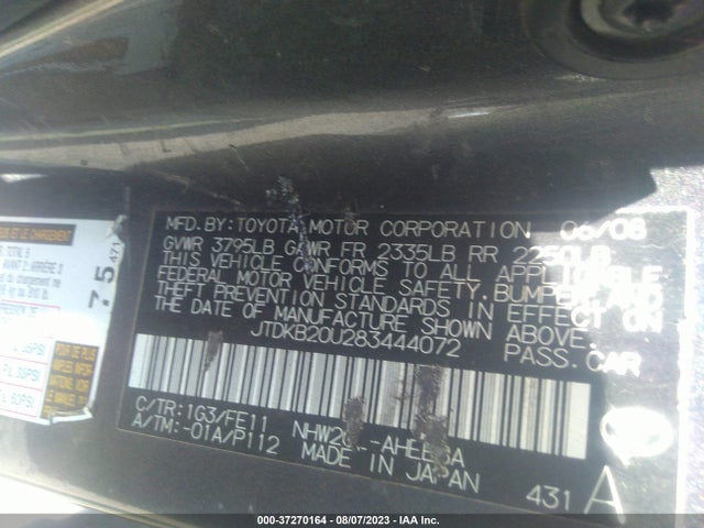 2008 TOYOTA PRIUS VIN: JTDKB20U283444072