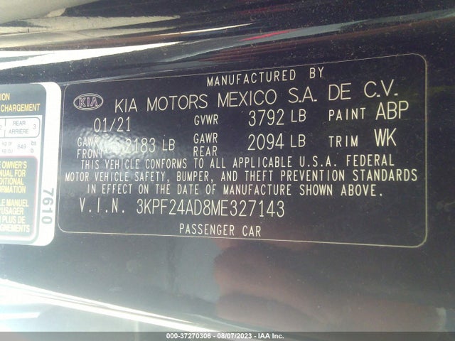 2021 KIA FORTE LXS VIN: 3KPF24AD8ME327143