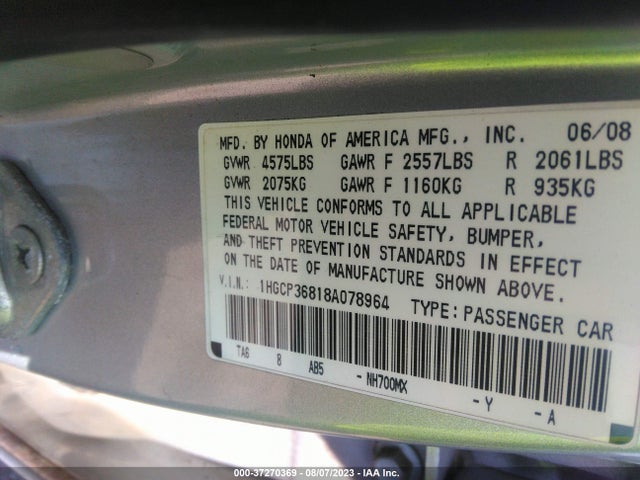 2008 Honda Accord Sdn Ex-l მანქანა იყიდება აუქციონზე, vin: 1HGCP36818A078964, აუქციონის ნომერი: 37270369