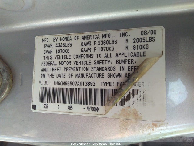 2007 HONDA ACCORD SDN EX-L VIN: 1HGCM66507A013893