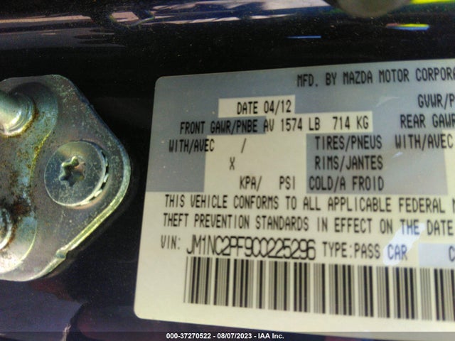 2012 MAZDA MX-5 MIATA GRAND TOURING VIN: JM1NC2PF9C0225296