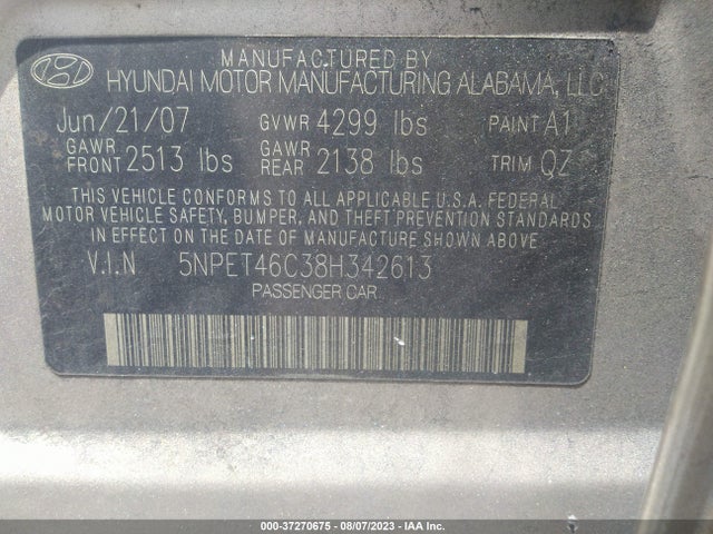 2008 HYUNDAI SONATA GLS VIN: 5NPET46C38H342613