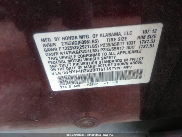 2013 HONDA PILOT LX VIN: 5FNYF4H25DB016118