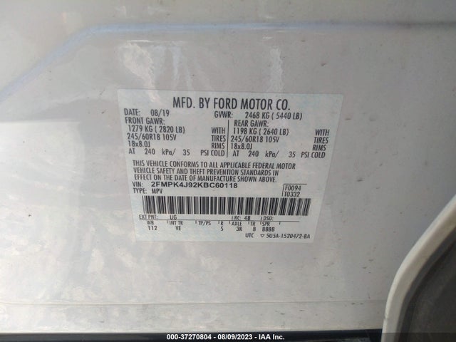 2019 FORD EDGE SEL VIN: 2FMPK4J92KBC60118