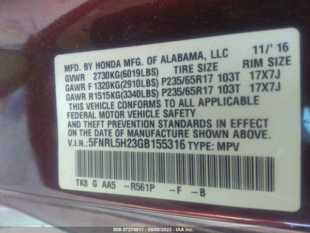 Honda ODYSSEY LX 2016 5FNRL5H23GB155316 Image 9