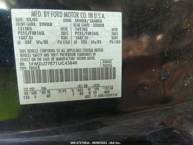 2001 FORD EXPLORER SPORT TRAC VIN: 1FMZU77E71UC43848