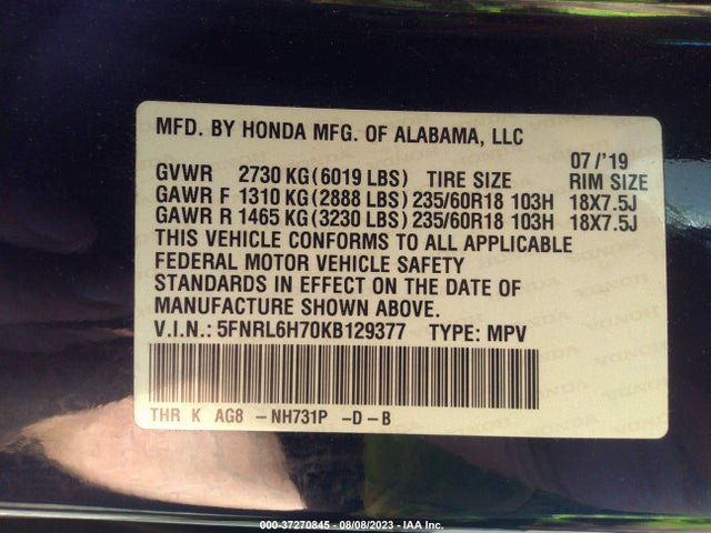 Honda Odyssey Ex-l 2019 5FNRL6H70KB129377 Image 9