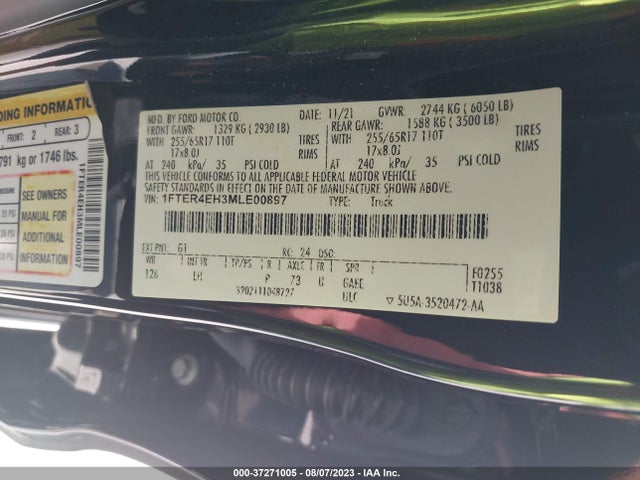2021 FORD RANGER XL/XLT/LARIAT VIN: 1FTER4EH3MLE00897