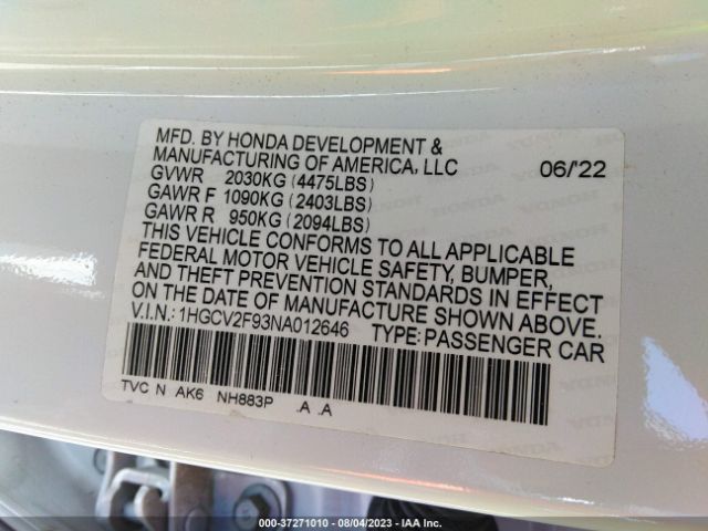 1HGCV2F93NA012646 Honda Accord Sedan Touring