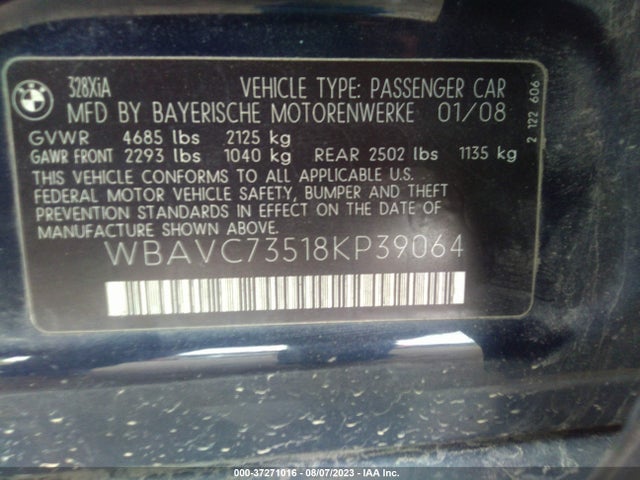 2008 BMW 3 SERIES 328XI VIN: WBAVC73518KP39064