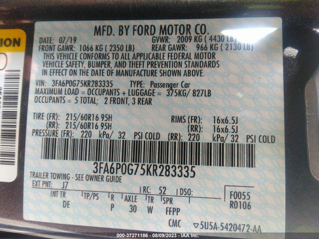 Ford FUSION S 2019 3FA6P0G75KR283335 Image 9