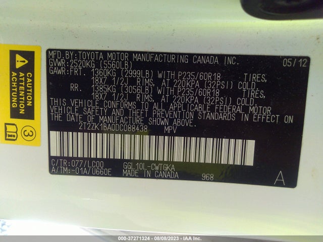 2013 LEXUS RX 350 VIN: 2T2ZK1BA0DC088438