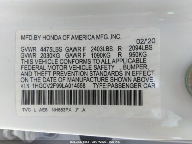 1HGCV2F99LA014558 Honda Accord Sedan Touring