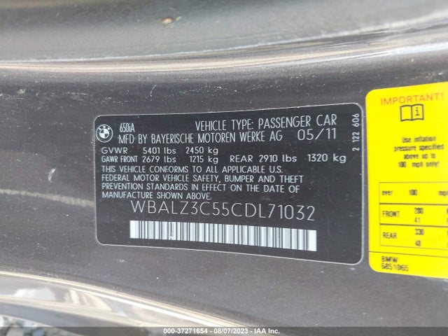 2012 BMW 6 SERIES 650I VIN: WBALZ3C55CDL71032