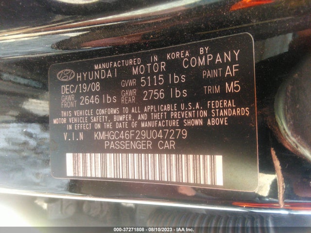 2009 HYUNDAI GENESIS VIN: KMHGC46F29U047279
