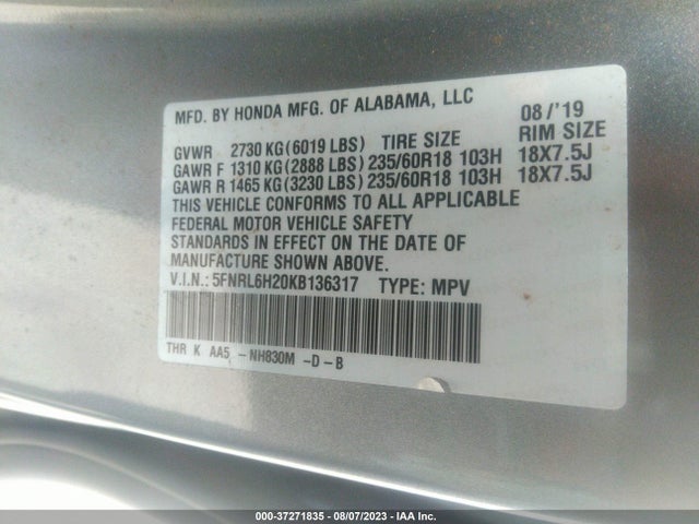 Honda ODYSSEY LX 2019 5FNRL6H20KB136317 Image 15