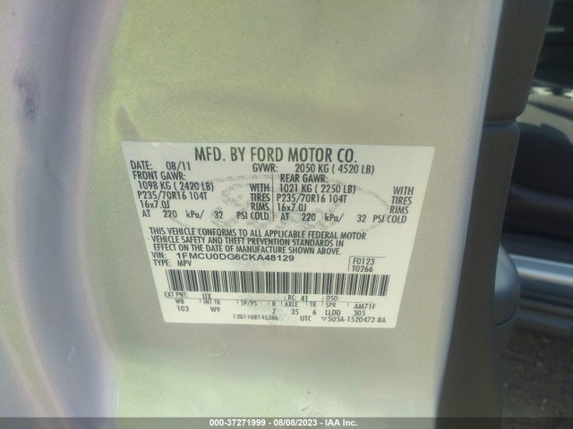 2012 Ford Escape Xlt მანქანა იყიდება აუქციონზე, vin: 1FMCU0DG6CKA48129, აუქციონის ნომერი: 37271999