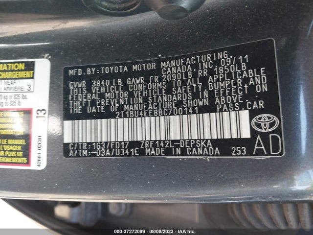 2011 TOYOTA COROLLA L/LE/S VIN: 2T1BU4EE8BC700141