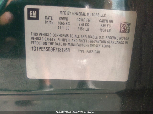 2015 CHEVROLET CRUZE LT VIN: 1G1PE5SB9F7181958