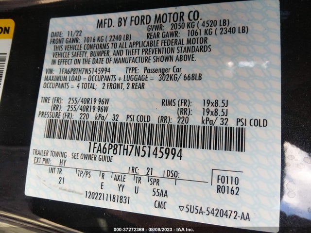 2022 FORD MUSTANG ECOBOOST VIN: 1FA6P8TH7N5145994