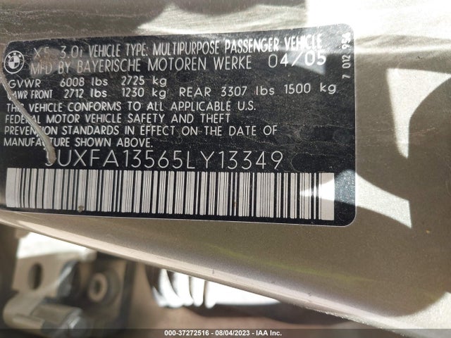 2005 BMW X5 3.0I VIN: 5UXFA13565LY13349